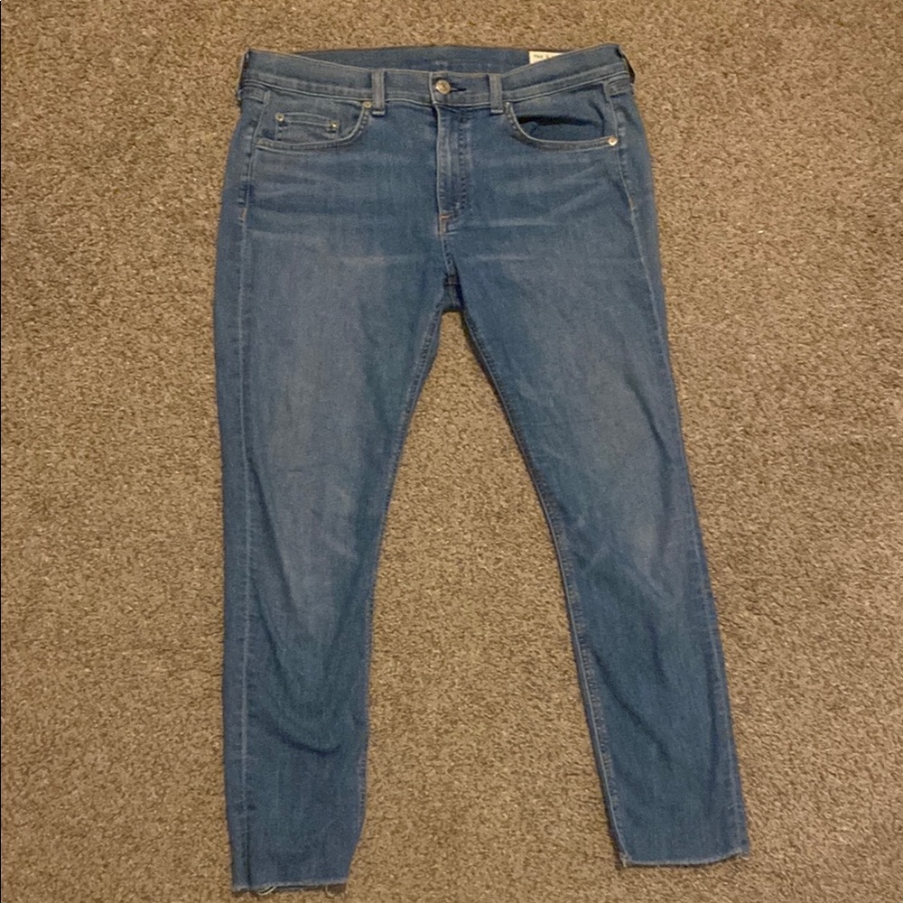 Rag & Bone Skinny High Rise Raw Hem Lucky Rougue Wash Whiskered Blue Jeans 30